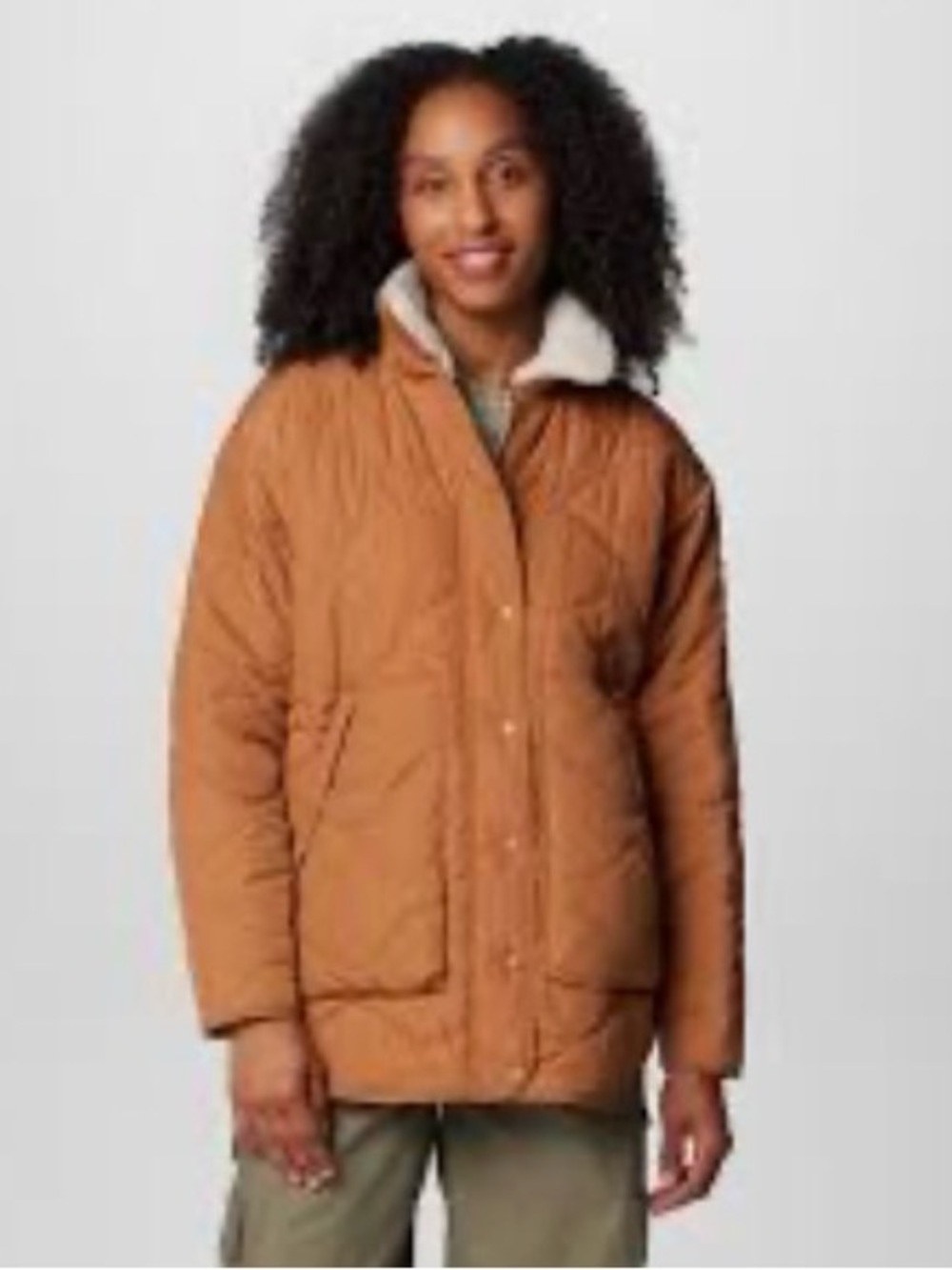 Columbia Women's Birchwood II Quilted Puffer Jacket Sherpa Lined Camel Tan Brown